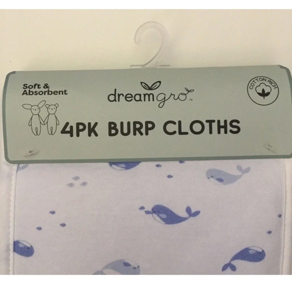 NEW Baby Burp Cloths 4pc Set Soft Absorbent Whales, Stripes, Solid DreamGro